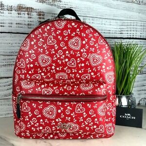 Coach Charlie Red White Lace Hearts‎ Floral Pattern Backpack Bag Work School